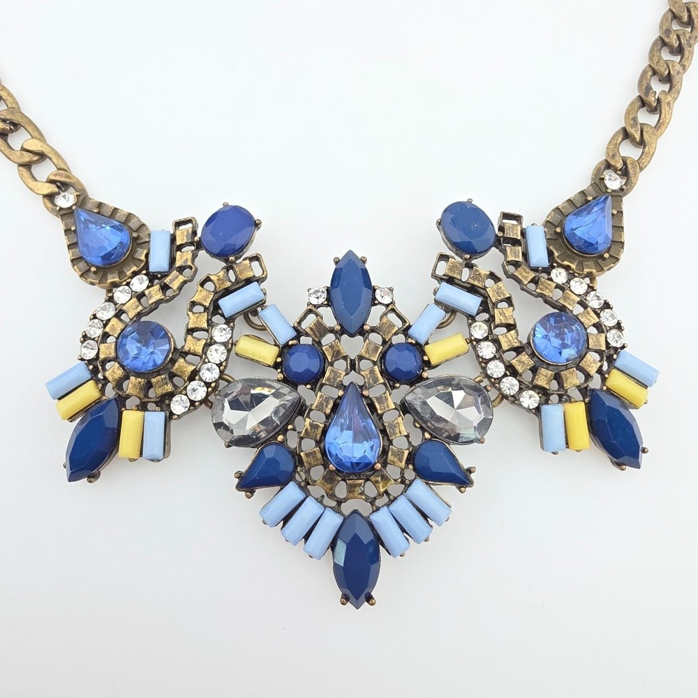 Vintage LOFT Bib Necklace Blue Statement Colorful Crystals Resin Bronze Tone 16"